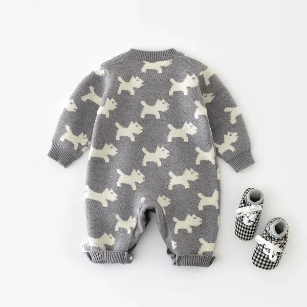 Baby wearing the Knitted Puppy Dog Jumpsuit from Ryan and Remi