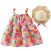A toddler girl's tiered dress with a colorful floral print, shown alongside a matching straw sun hat with a floral ribbon, on a solid white background.