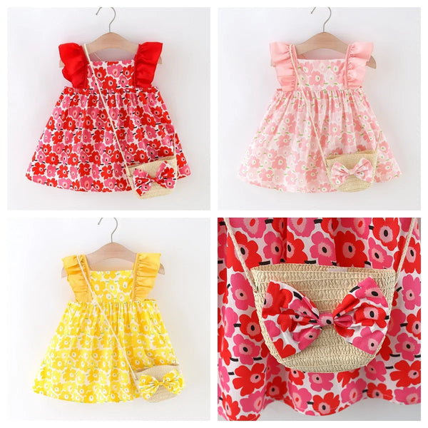 Fly Sleeve Floral  Dress W Bag