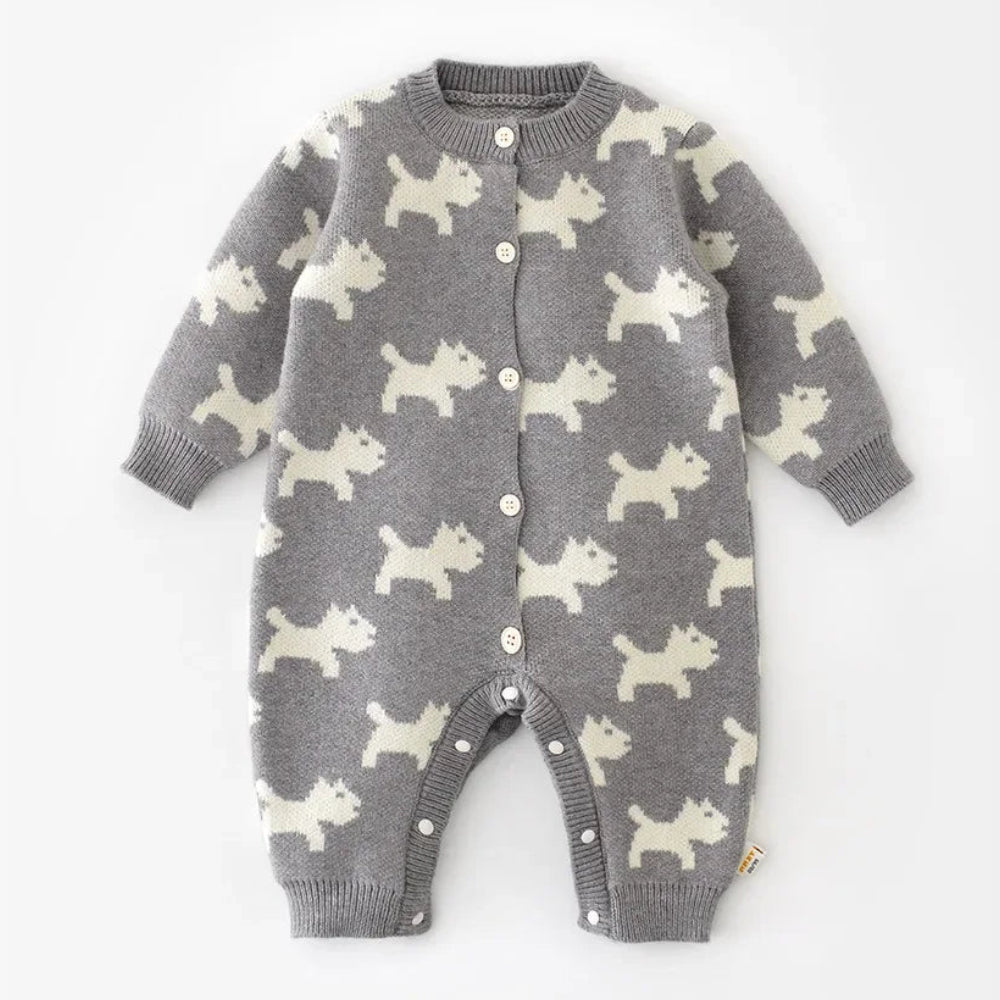 Gray baby onesie with white dog pattern on a white background