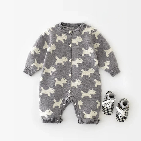 Close-up detail of the Knitted Puppy Dog Jumpsuit knit cotton fabric