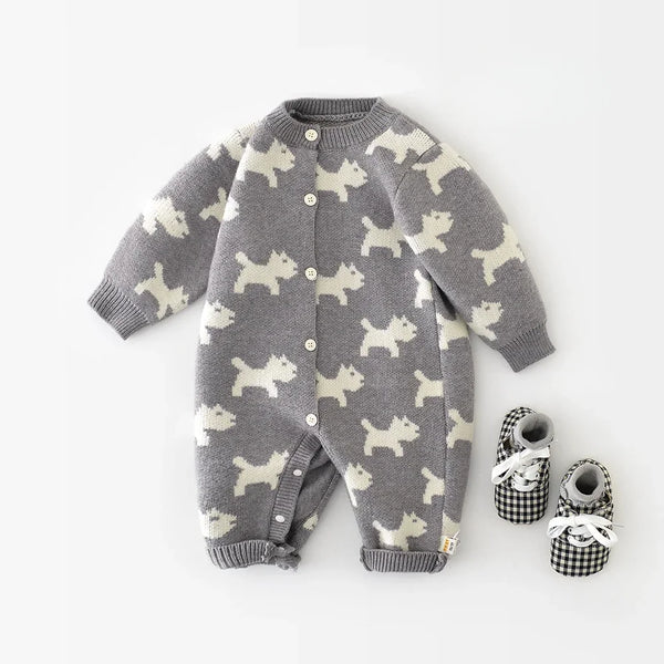 Knitted Puppy Dog Jumpsuit in eco-friendly cotton knit for babies
