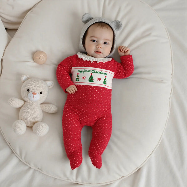 Polka Dot Christmas Tree Romper for babies in organic cotton