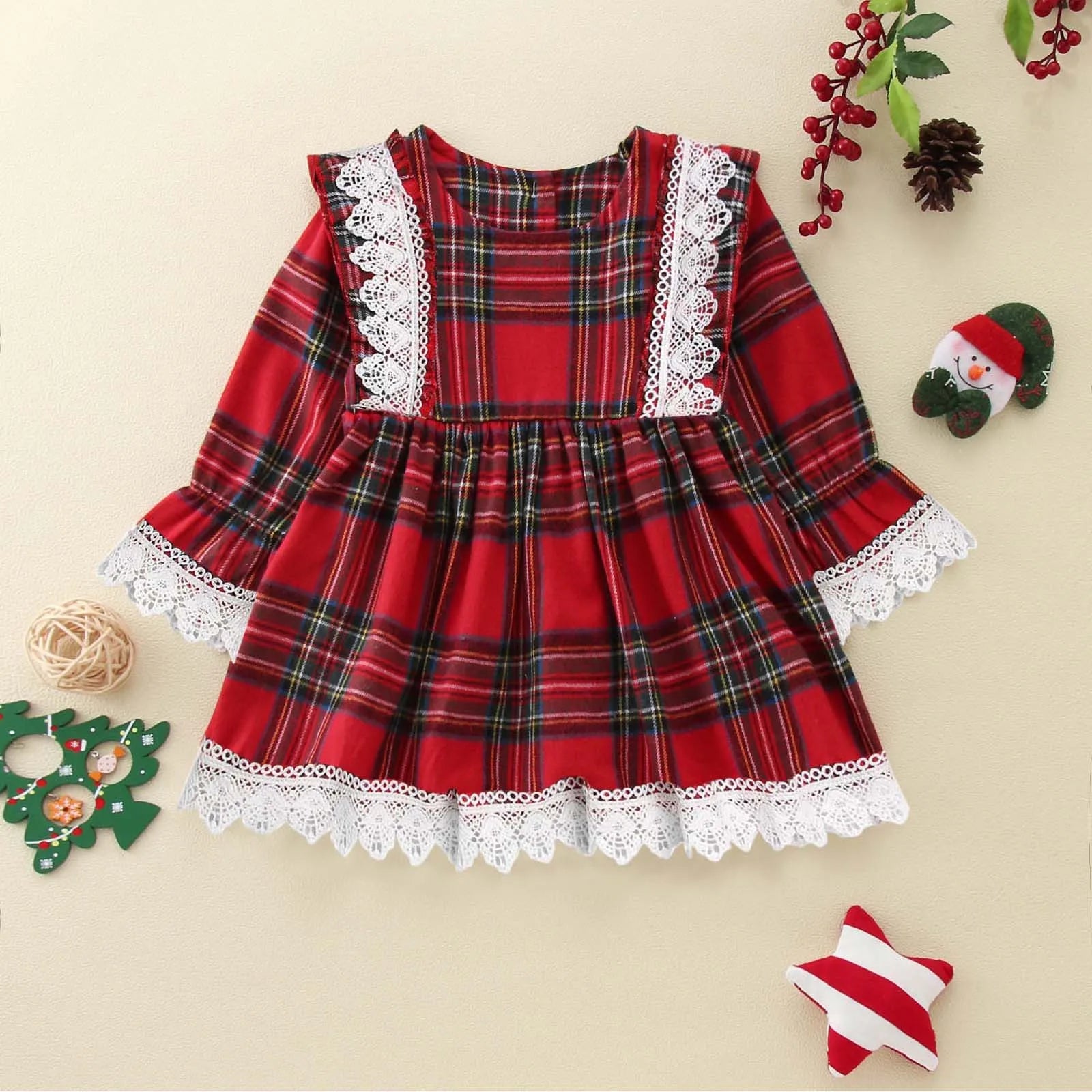 Plaid Christmas Flare Dress for babies in organic cotton, front view