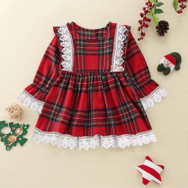 Plaid Christmas Flare Dress for babies in organic cotton, front view