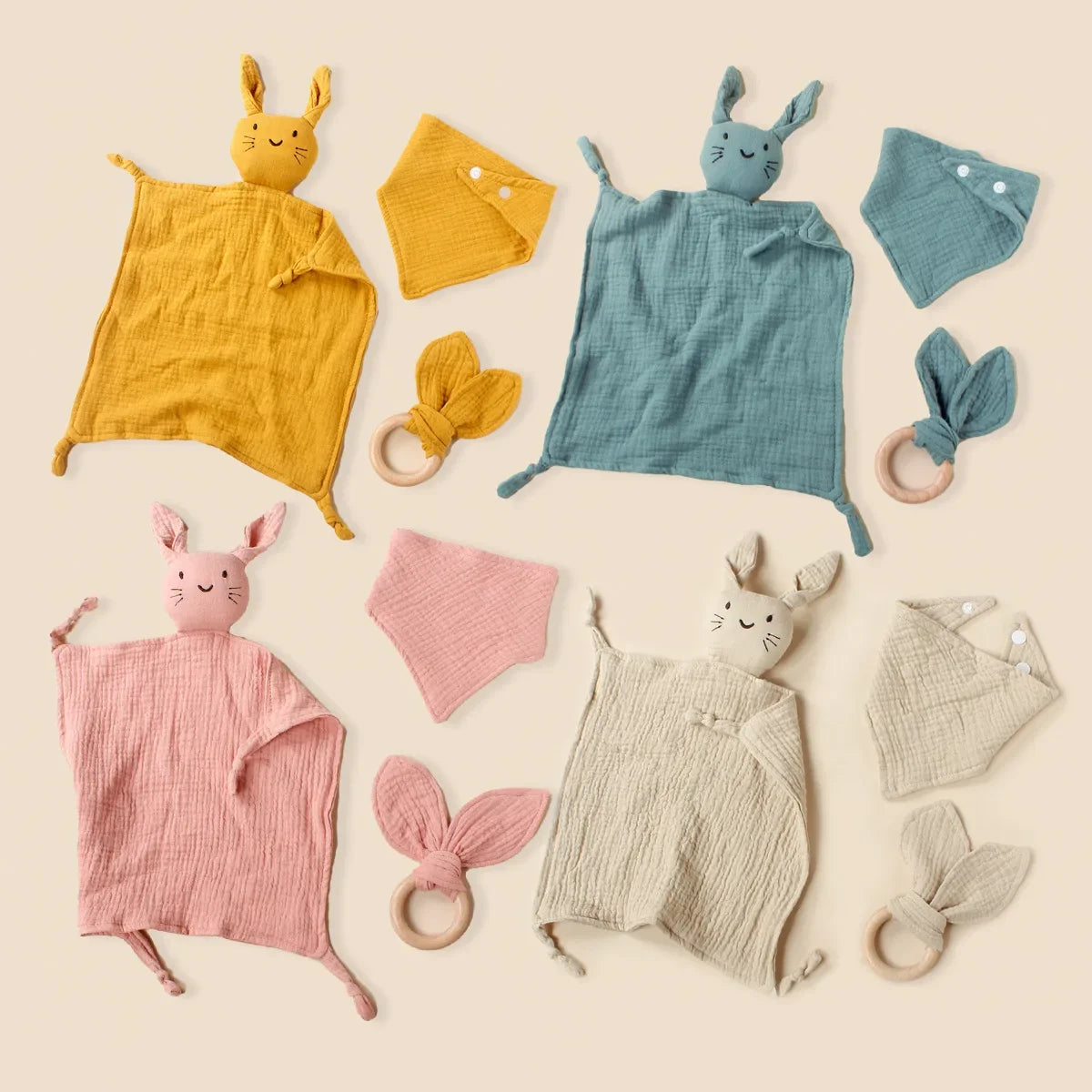 Baby teething toy with organic cotton muslin fabric