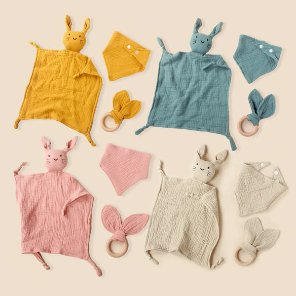 Baby teething toy with organic cotton muslin fabric
