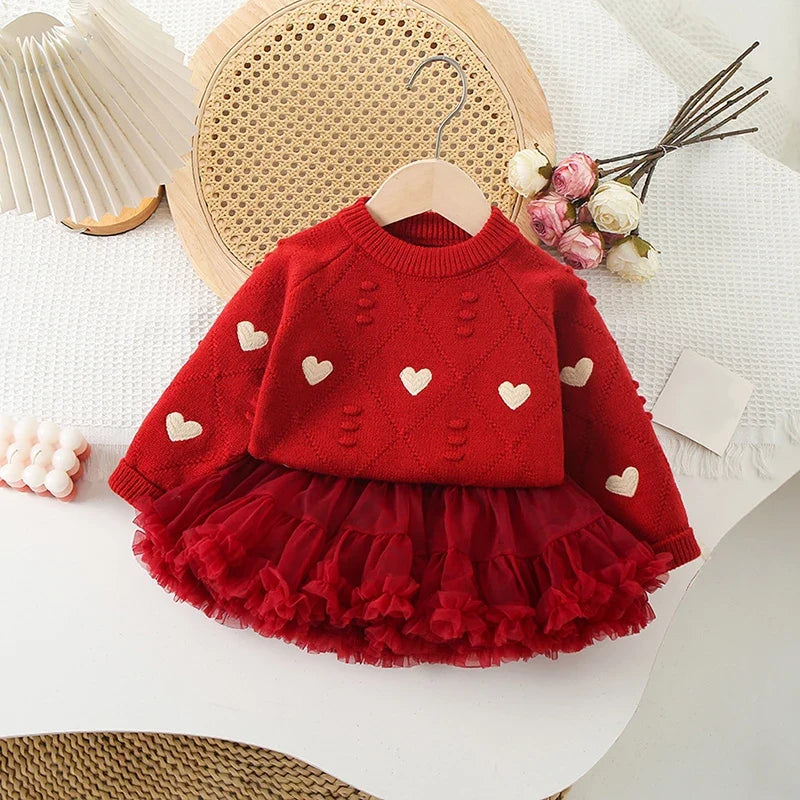 Close-up of Heart Sweater Tulle Skirt Set fabric detail