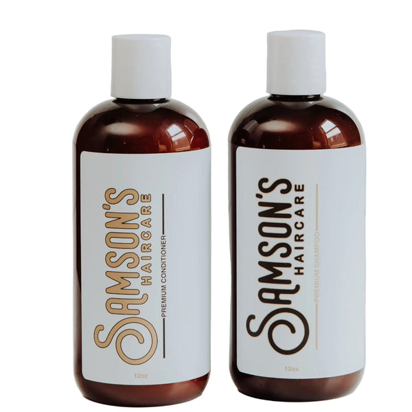Two Samson's Haircare bottles on a white tiled background