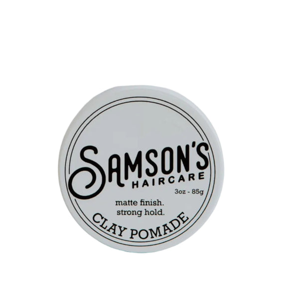 Jar of Samson's Haircare Clay Pomade on a light gray background
