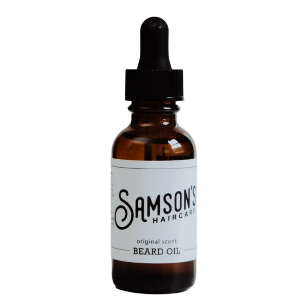 Bottle of Samson's Haircare beard oil with dropper on a light gray background