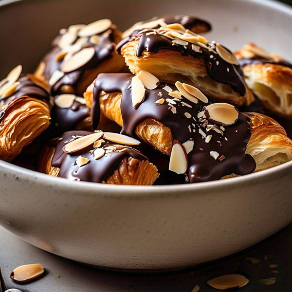 Andy Anand sugar-free croissant cake with dark chocolate and almonds, freshly baked in Chino California
