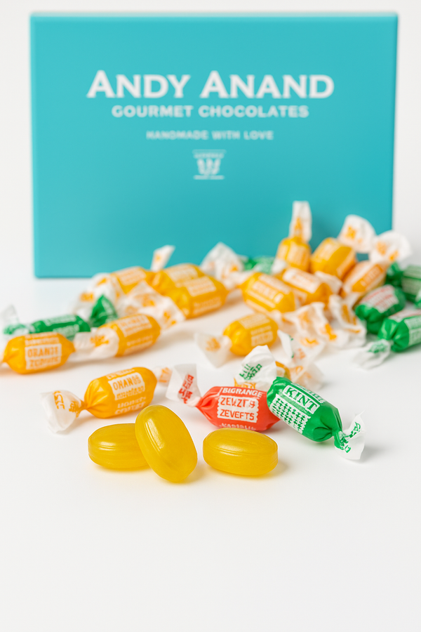 Assorted small candy packages with a blue 'Andy Anand Gourmet Chocolates' box in the background.
