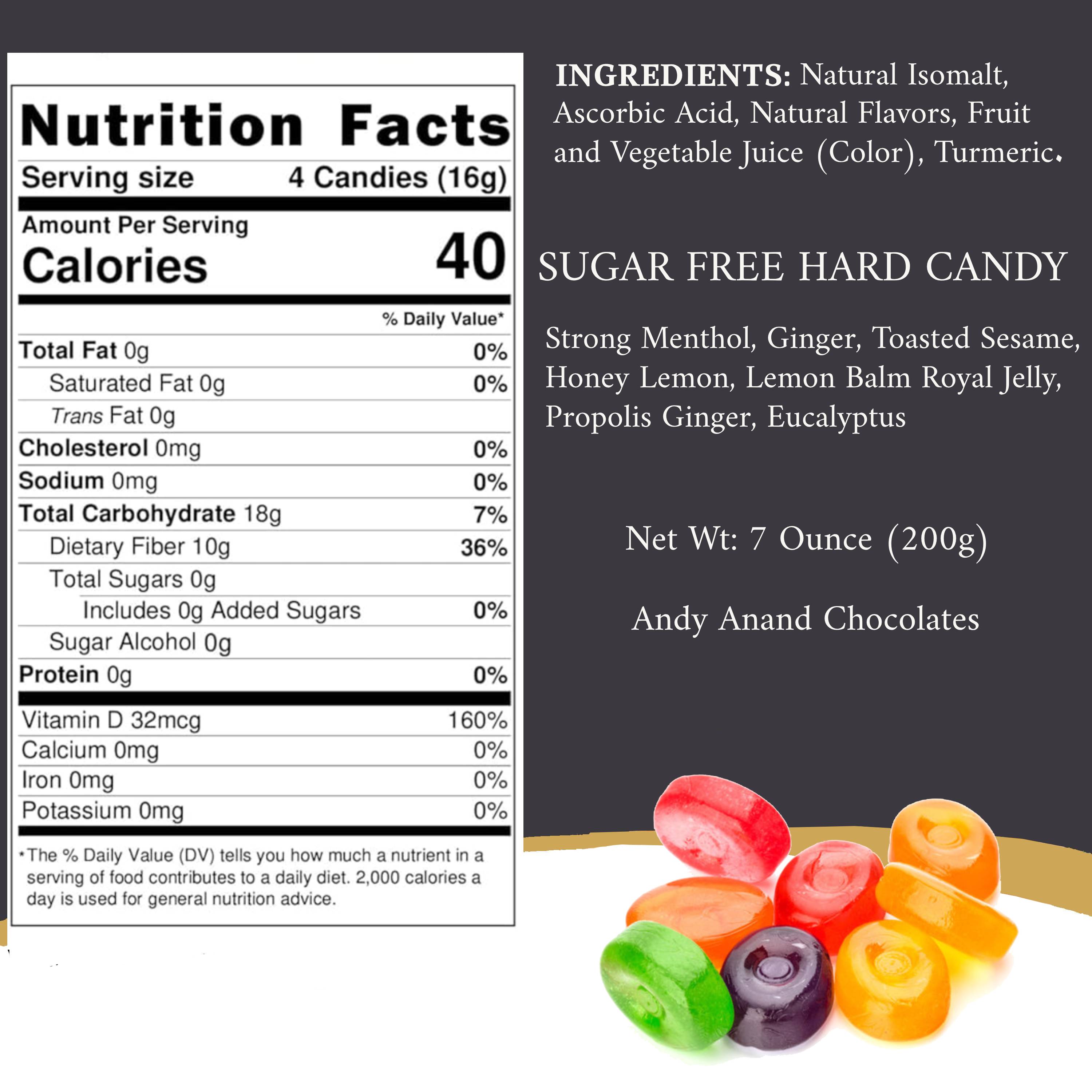 Andy Anand handcrafted sugar free herbal candy with zero sugar and gluten free label
