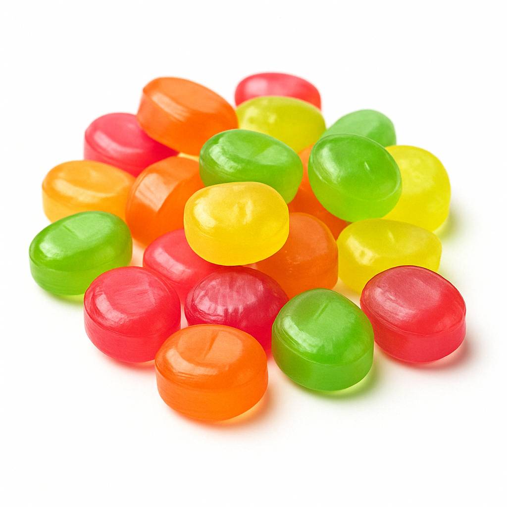 Close-up of Andy Anand sugar free herbal candy pieces showing texture and colour variety