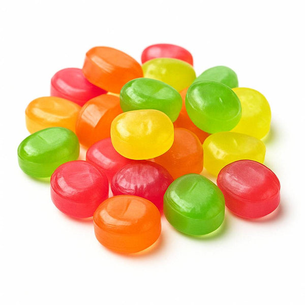 Close-up of Andy Anand sugar free herbal candy pieces showing texture and colour variety