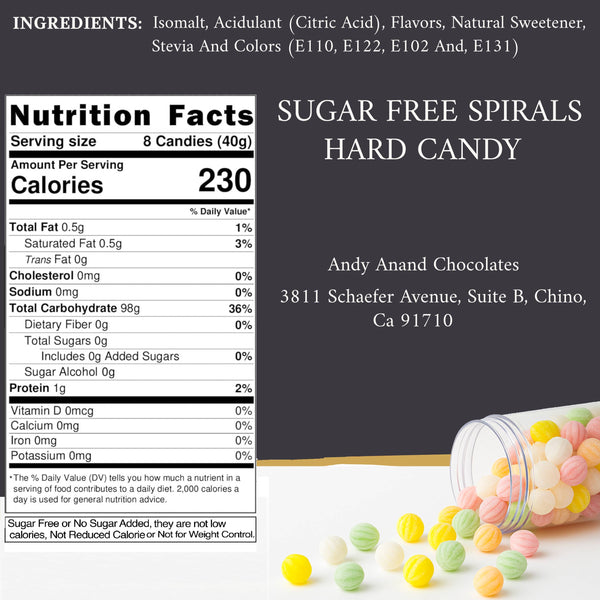 Nutrition facts label and packaging of sugar-free hard candies with a jar of candies on a white background.
