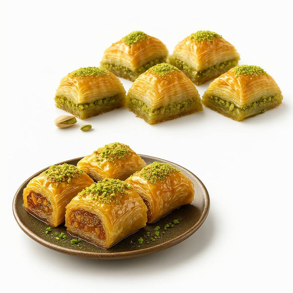 Plate of baklava with pistachios on a white background. Sugar-free Turkish baklava, gourmet diabetic-friendly gifts, sugar-free nut pastry box, assorted pistachio baklava, handmade sugar-free sweets, healthy Turkish desserts, Maltitol sweetened baklava, premium nuts snack box, artisan sugar-free baklava gift tin, low sugar Mediterranean pastry.