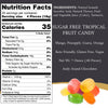 Close-up of individually wrapped sugar-free hard candies with tropical fruit flavors