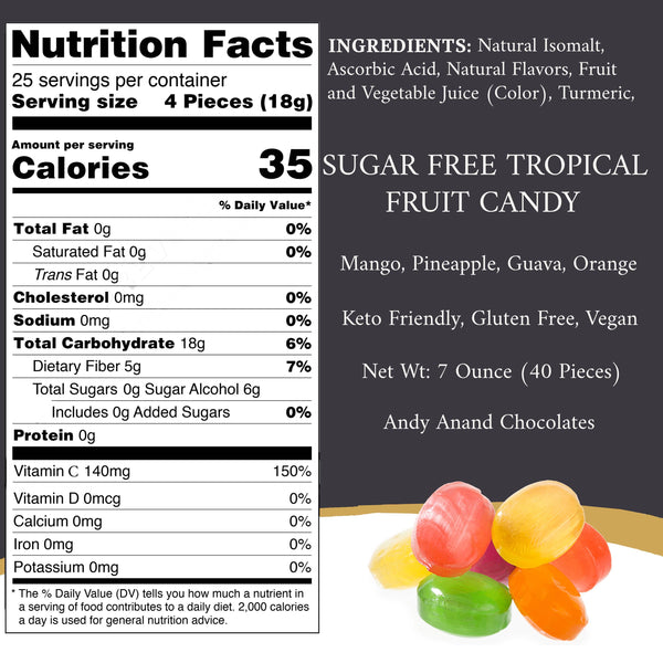 Close-up of individually wrapped sugar-free hard candies with tropical fruit flavors