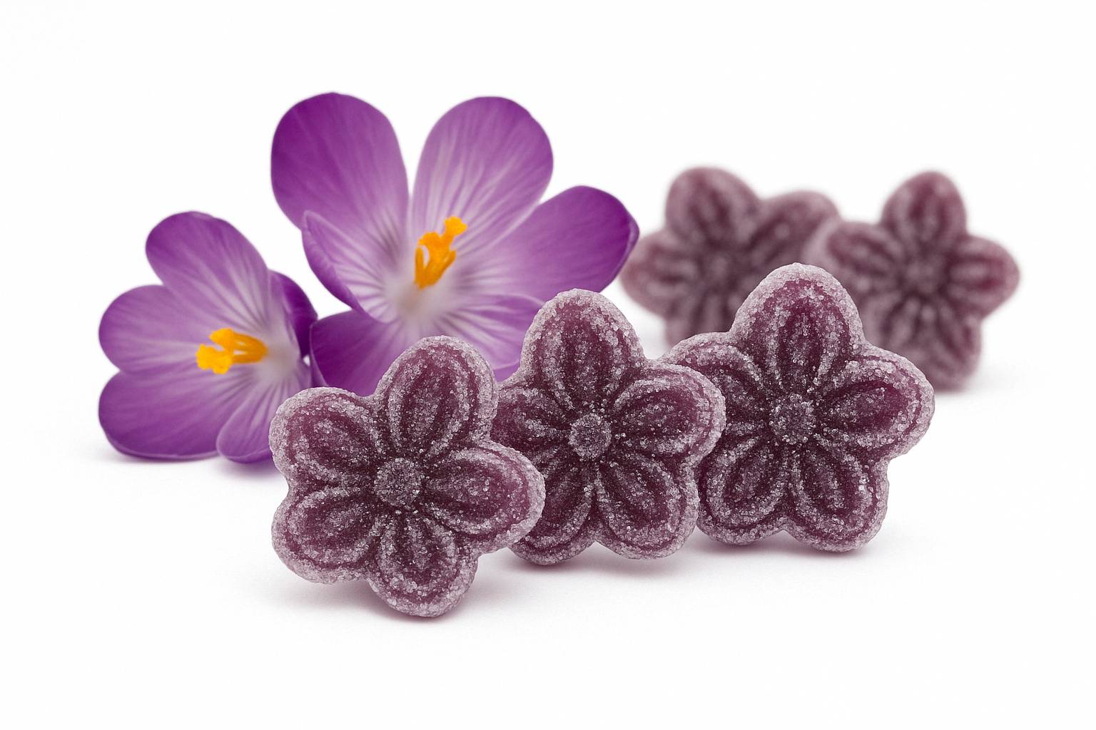 Purple flower-shaped candies on a white background