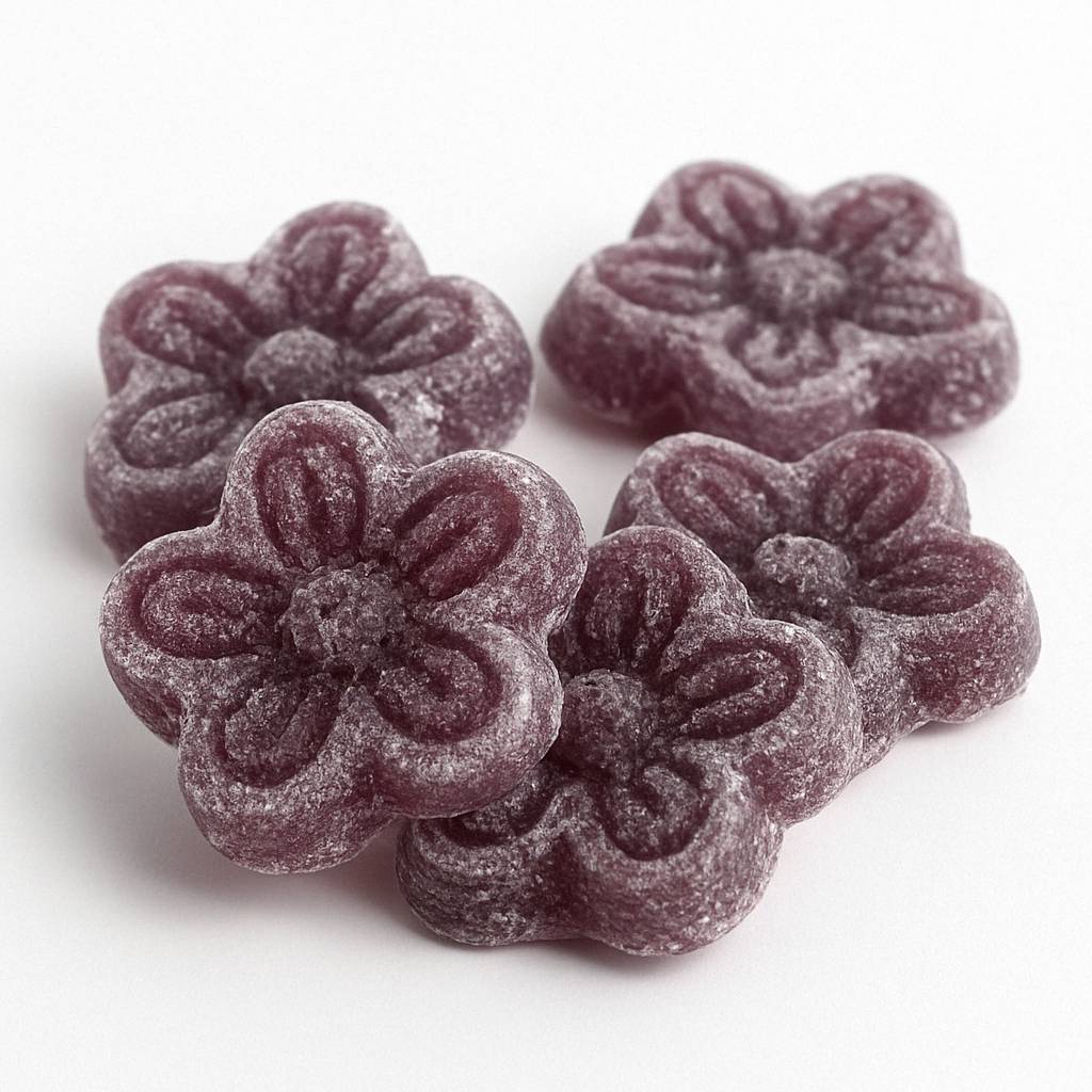 Purple flower-shaped candies on a white background