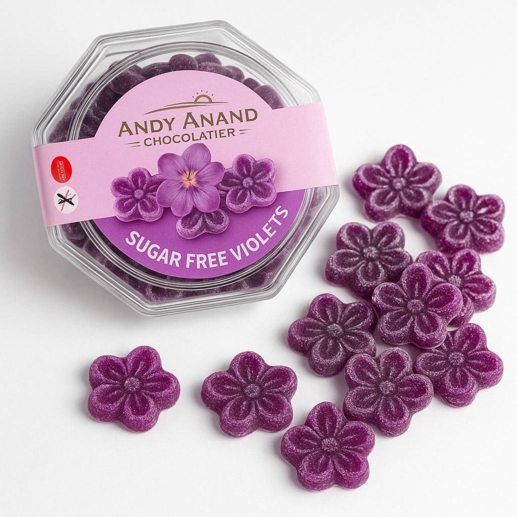 Andy Anand Chocolatier sugar free violets packaging with purple flower-shaped candies on a white background