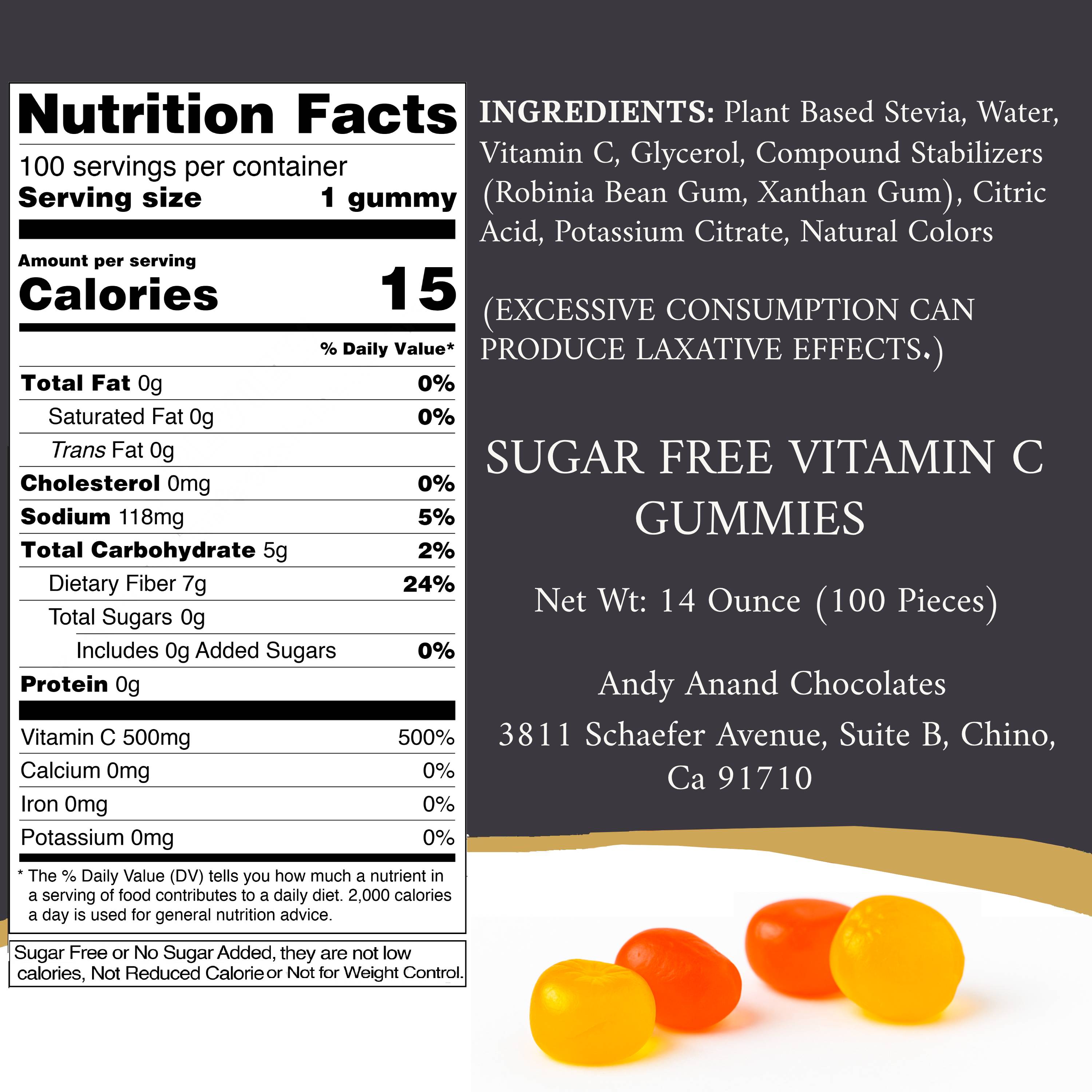 Close-up of Andy Anand vitamin C gummies showing natural fruit colors and texture