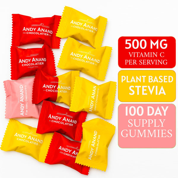 Andy Anand sugar-free gummies jar with nutrition label and ingredient details visible