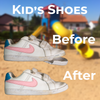 Before and after comparison of children's shoes with a playground in the background.