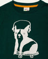 Child wearing Mon Coeur Walter pine green long-sleeve organic cotton t-shirt with skateboarding dog print