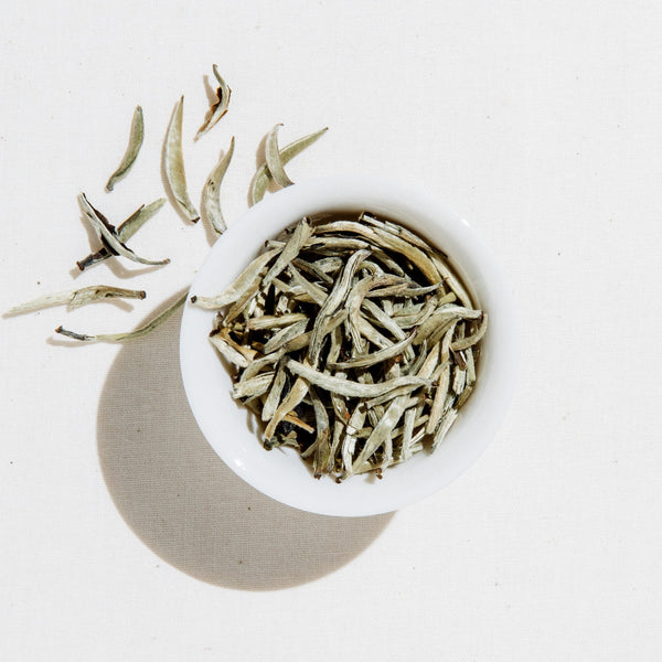 Dried white tea leaves in a small white bowl with a few loose leaves scattered beside it on a light neutral background.