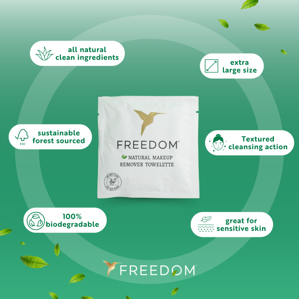 Freedom Natural Makeup Remover Wipes product packaging – biodegradable and FSC certified