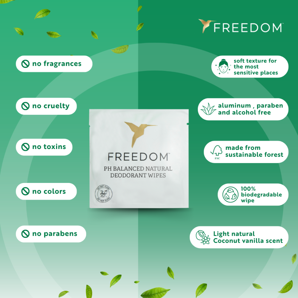 Freedom pH balanced natural deodorant wipes packaging with green background and leaf elements.