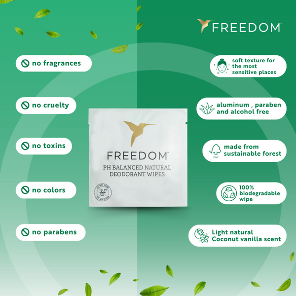 Freedom pH balanced natural deodorant wipes packaging with green background and leaf elements.
