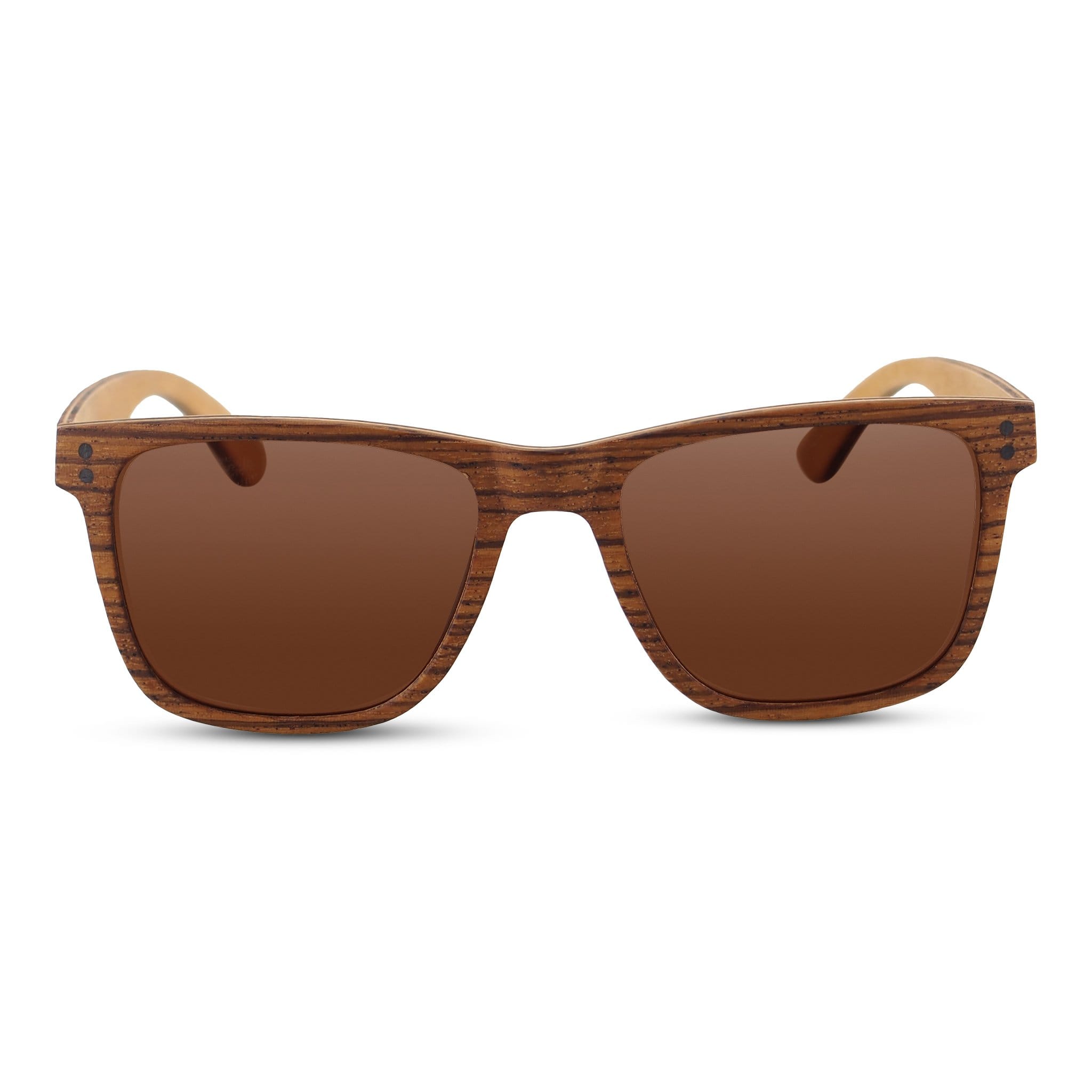 Ziggy zebrawood wayfarer sunglasses with amber brown polarized lenses, front view on white background