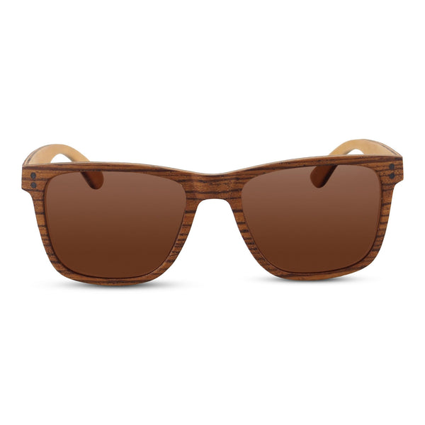 Ziggy zebrawood wayfarer sunglasses with amber brown polarized lenses, front view on white background