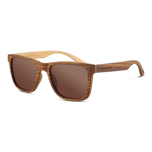 Ziggy zebrawood wayfarer sunglasses with brown lenses, angled side view showing zebrawood grain and temple length