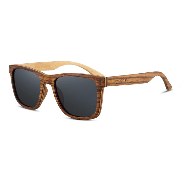 Ziggy zebrawood wayfarer sunglasses with grey polarized lenses, front view showing natural wood grain striped frames