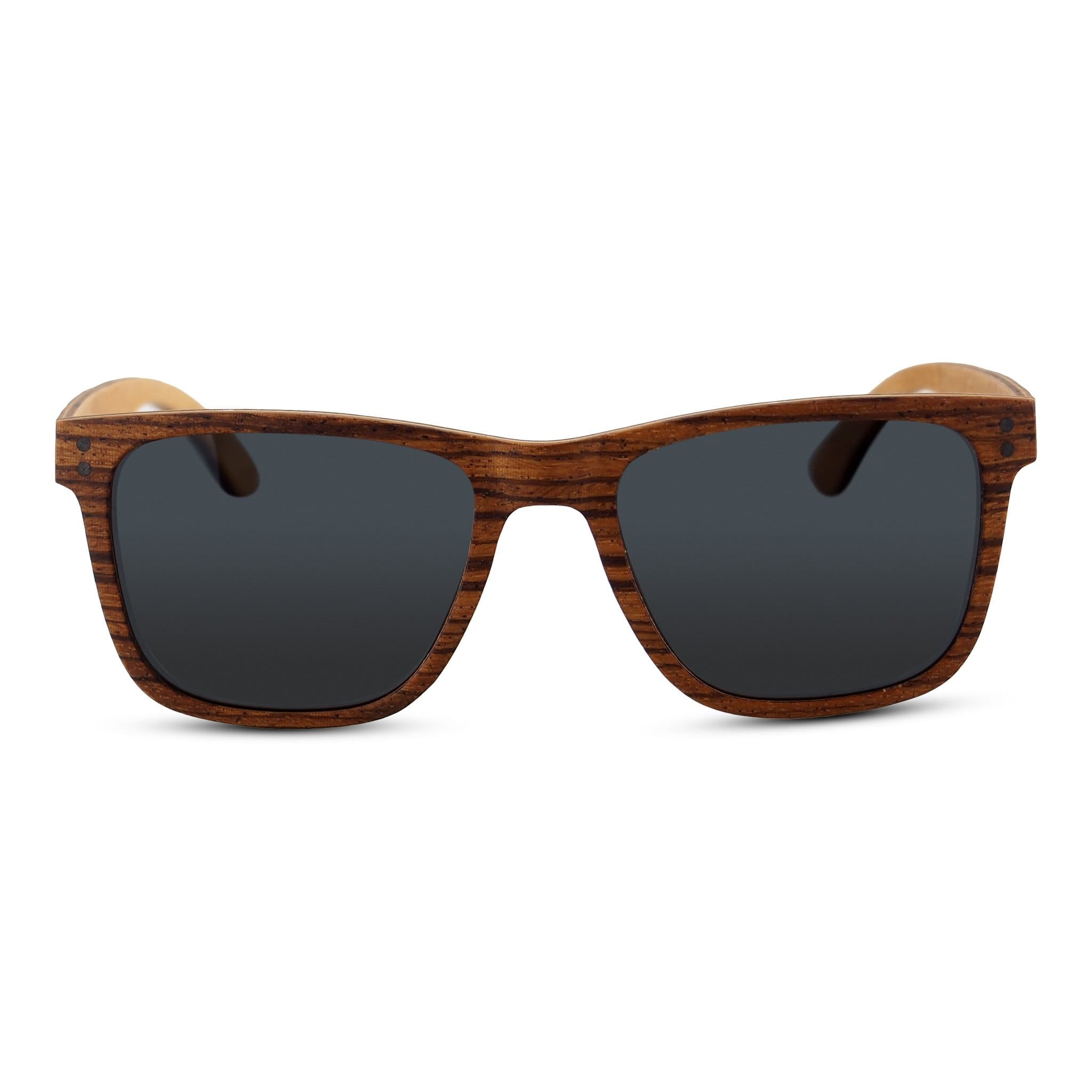 Ziggy zebrawood wayfarer sunglasses with grey lenses, side profile view highlighting wooden temple and frame detail
