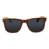 Ziggy zebrawood wayfarer sunglasses with grey lenses, side profile view highlighting wooden temple and frame detail