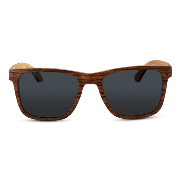 Ziggy zebrawood wayfarer sunglasses with grey lenses, side profile view highlighting wooden temple and frame detail