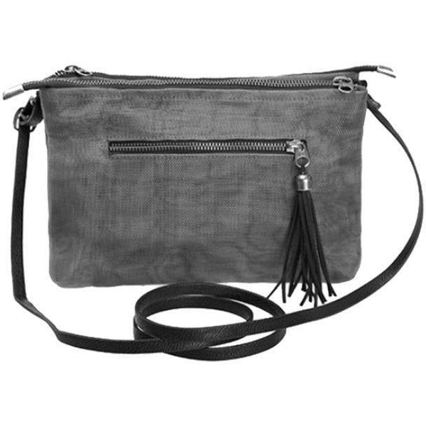 Gray crossbody bag with a tassel on a white background