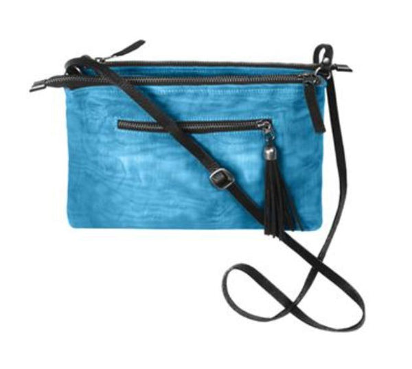 Blue leather crossbody bag with black strap on a white background