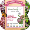Flawn Seed Kits Showy Milkweed seed packet with butterfly and plant illustration. Non-GMO Showy Milkweed seeds in compostable packaging — host plant for monarchs & queen butterflies, attracts hummingbirds. Drought-tolerant, zones 3–9. Shop now.