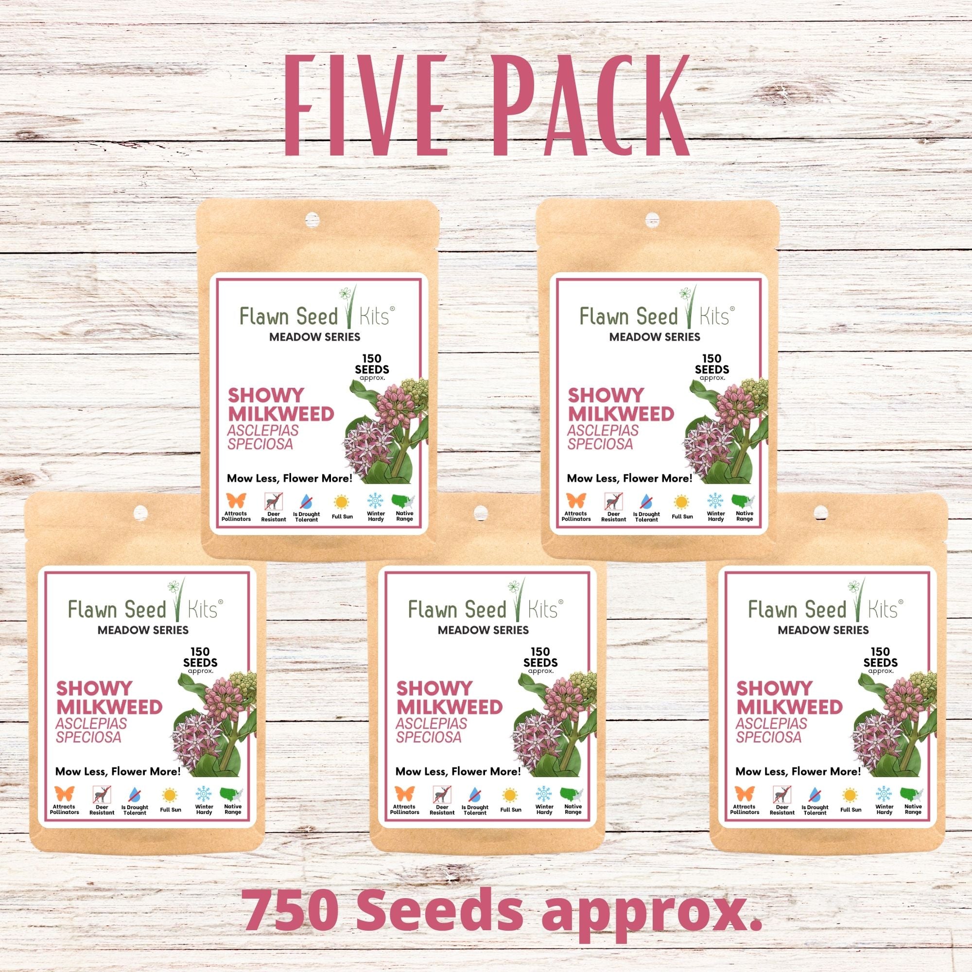 Five-pack of Flawn Seed Kits for Showy Milkweed on a wooden background