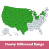 Map of the United States showing the range of Showy Milkweed with green states.