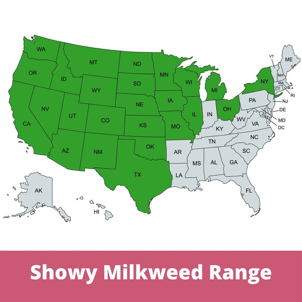 Map of the United States showing the range of Showy Milkweed with green states.