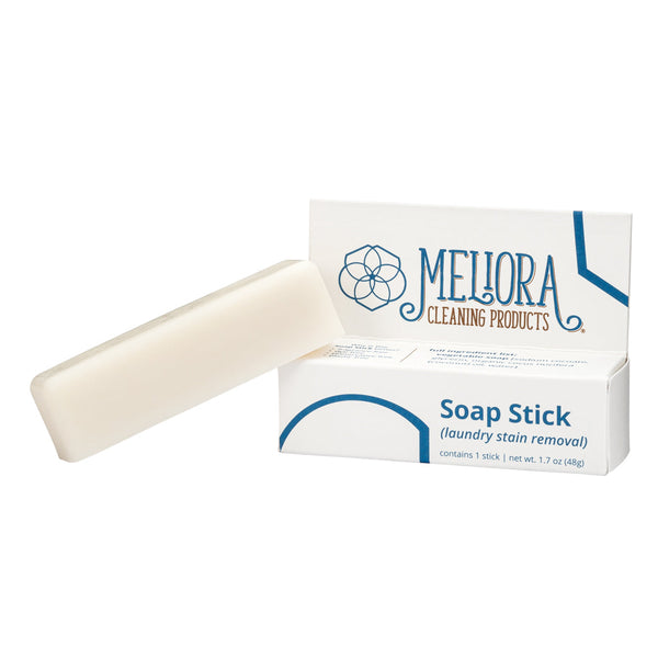 Meliora Soap Stick Stain Remover box shown alongside laundry tablet product
