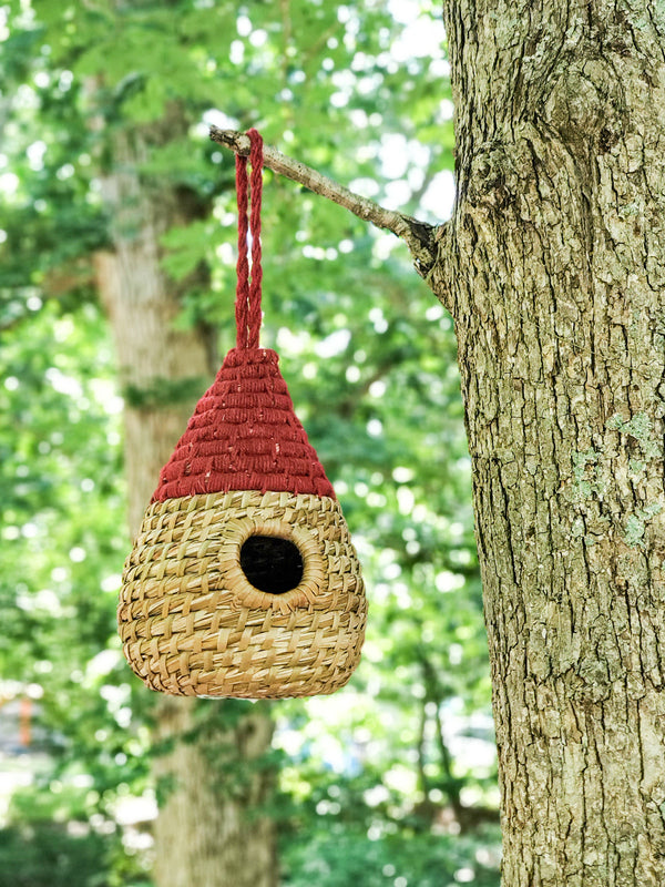 Woven birdhouse with a red roof hanging from a tree branch.